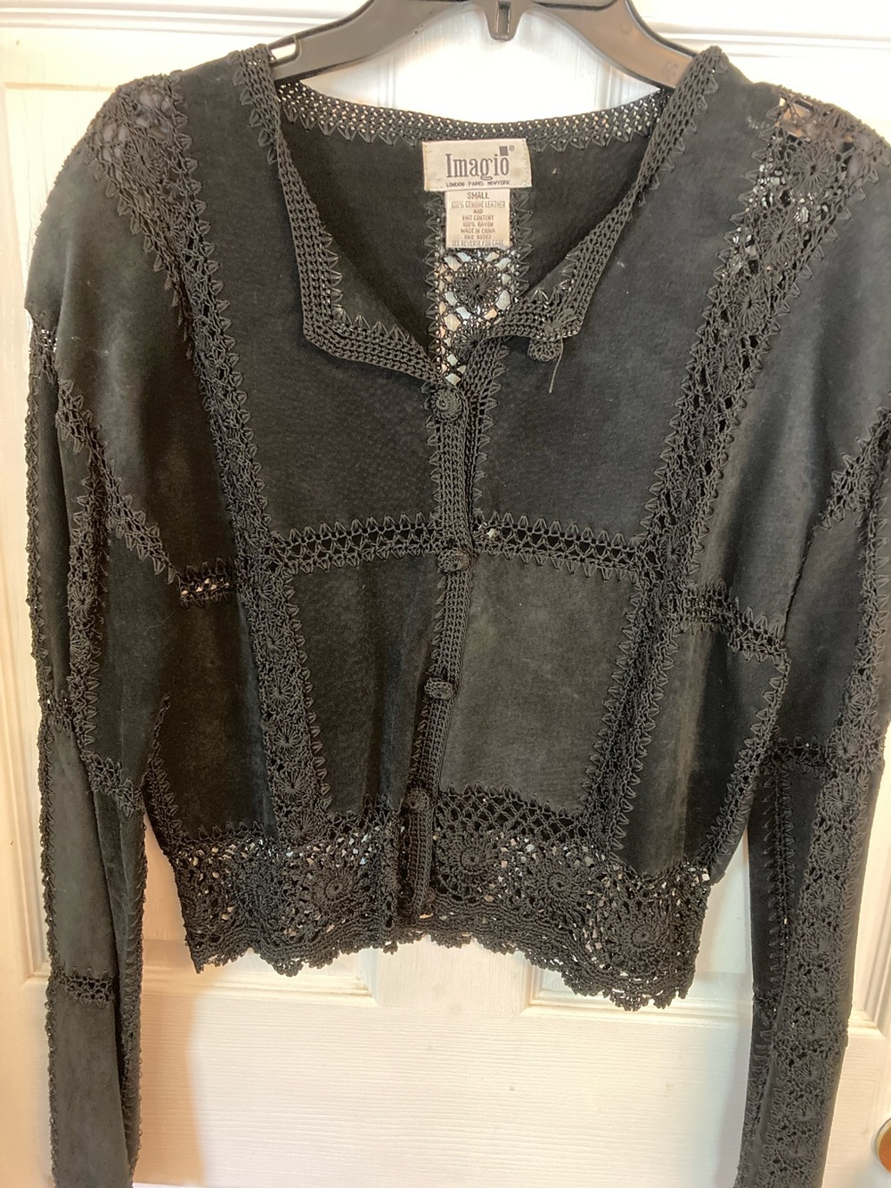 Imagio VTG 80s Black Suede Patchwork with Crochet Trim Jacket